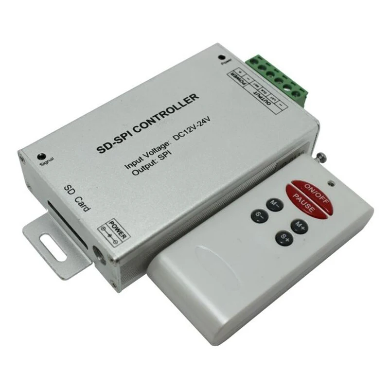 

Wireless RF SD card SPI led pixel controller; DC12~24V input; output: one SPI signal; max 1024pixels; LPD6803/WS2801/TM1803 etc
