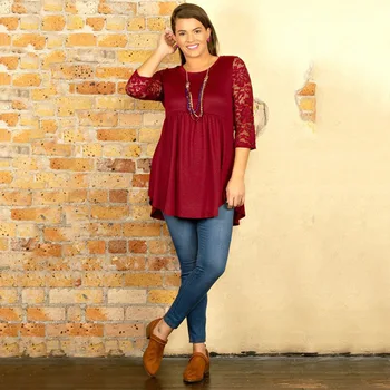 

New Europe and USA Plus Size XL-5XL Spring and Summer Red Solid Color Polyester Women Shirt Full Sleeves Lace T-shirt JTZBT2104