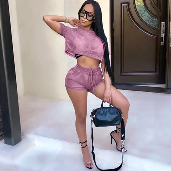 

Mesh Women Sexy Night Club Two Piece Set Turn Down Collar Long Sleeve Front Tie Crop Top Shorts Outfit