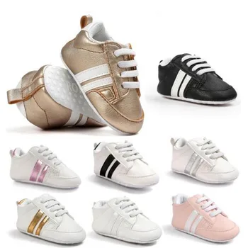 Chaussures bébé chaussures en cuir Pu baskets de sport nouveau-né bébé garçons filles chaussures à rayures pour bébé en bas âge chaussures antidérapantes souples