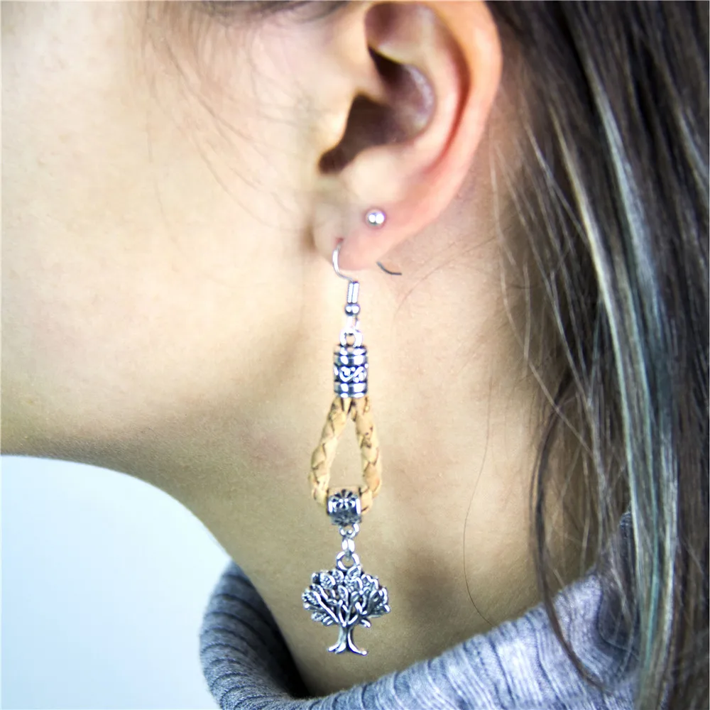Portuguese cork dangle earrings life of antique sliver tree handmade wood jewelry Er 062 Er 063
