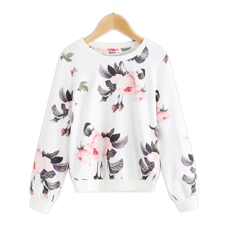 SHEIN/детская белая толстовка с цветочным принтом для маленьких девочек; топы для девочек; коллекция года; сезон весна; милый Повседневный пуловер с длинными рукавами; детская одежда