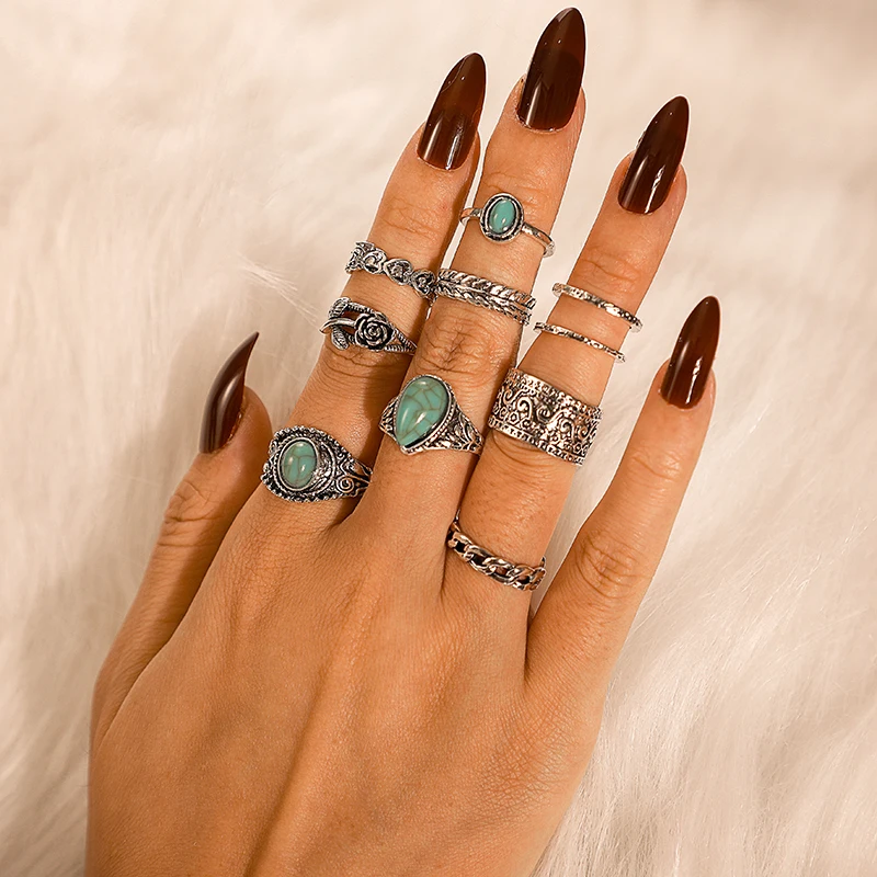

Tocona Retro Metal Green Crystal Rhinestone Rose Flower Ring Set For Women Bohemia Carved Geometric Party Ring Anillos 6526