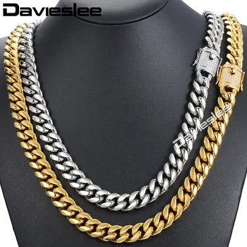 

Davieslee Mens Necklace Chain Miami Curb 316L Stainless Steel Iced Out Cubic Zirconia CZ Gold Silver Color 12/14mm 30inch LHNM21