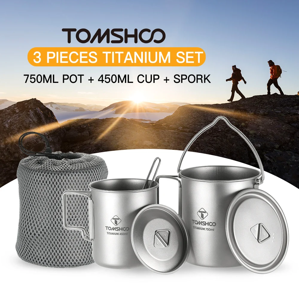 

TOMSHOO 3 Pieces Outdoor Camping Cookware kamp Titanium 750ml Pot 450ml Water Cup Picnic Camping Tableware kamp malzemeleri