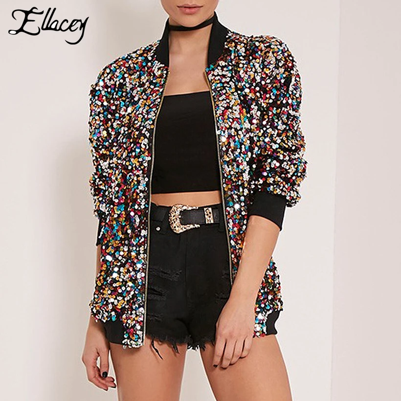 Brand New Stylish Sequins Bomber Jacket Multi-color Shiny Bling Bling Sequin Jacket Women Basic Coats Show Camo Jacket