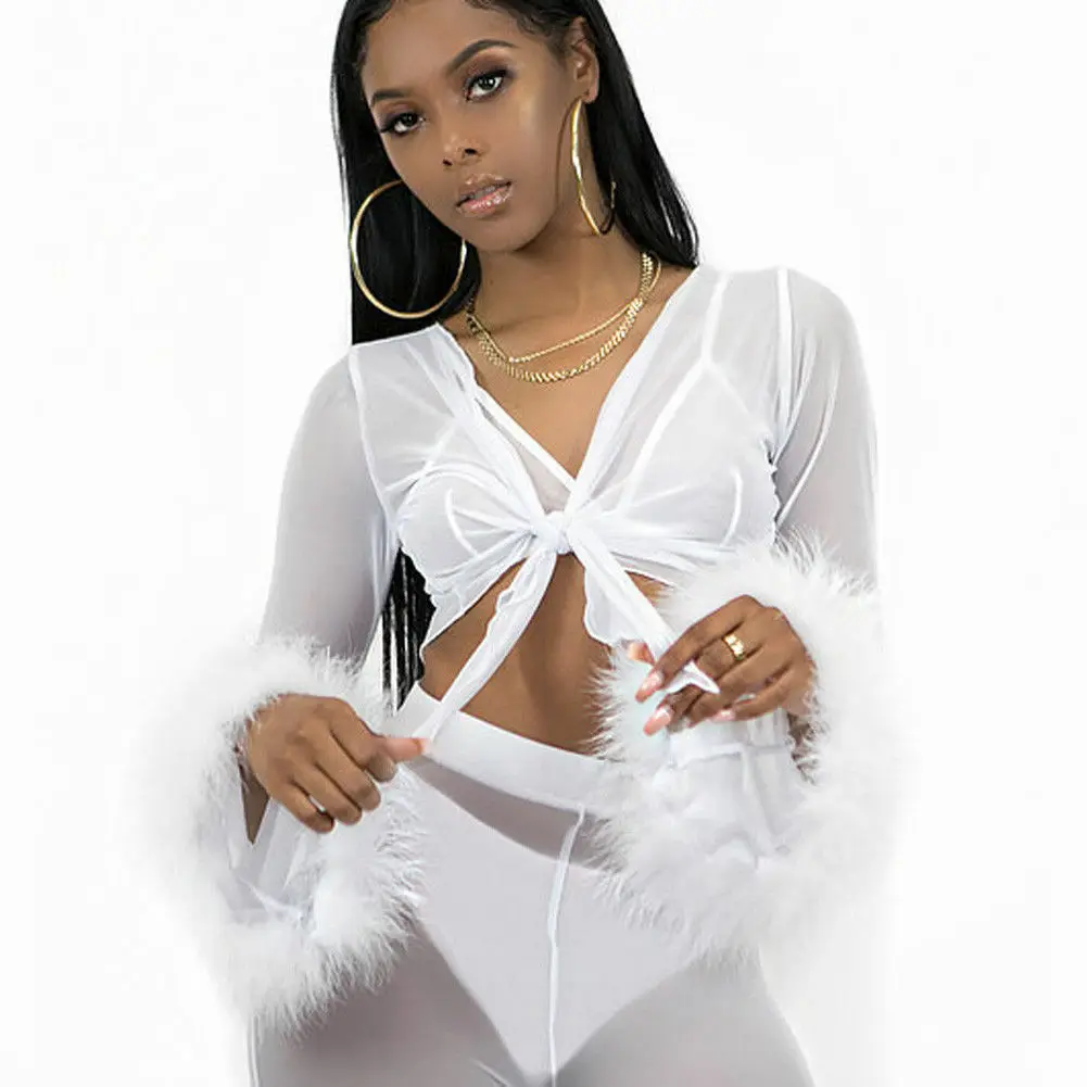 Новое модное женское сексуальное нижнее белье Ночное белье женские прозрачные укороченные топы закрывающие штаны - Цвет: Белый