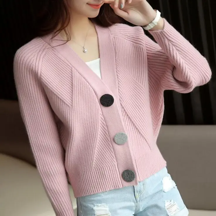 

2019 Women Cardigans V- Neck Lady Sweater Long Sleeve Casual Loose Knitted Tops