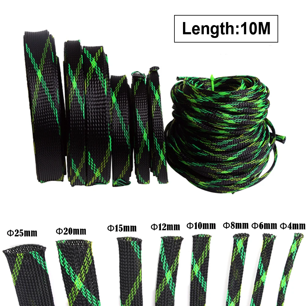 10M 4 25mm Braided Cable Sleeve PET Black&Green&Yellow Expandable