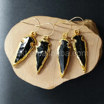 

WT-E240 Mystical black long stone arrow Earrings natural black obsidian long tiny stone in 24k gold trim fashion long earrings