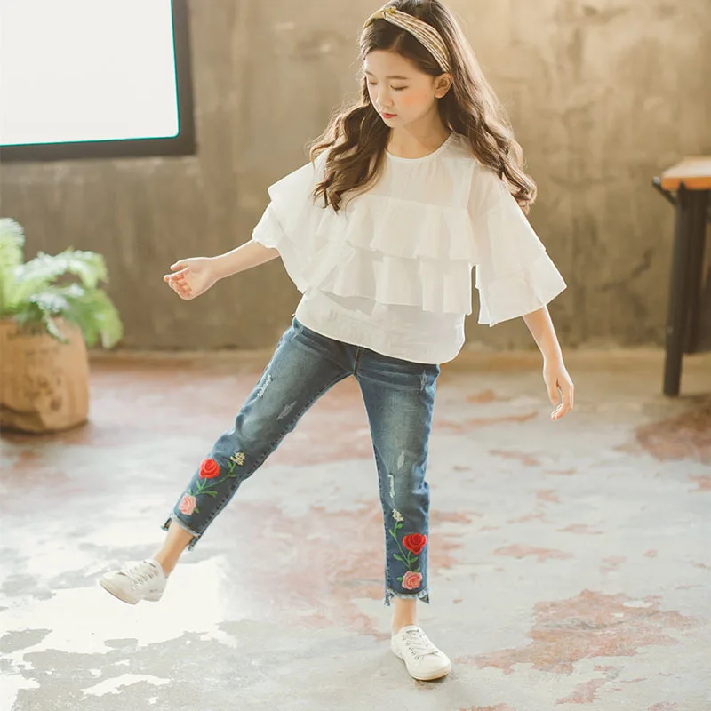 New 2019 White Cotton Ruffles Blouse Baby Big Girls Embroidery Floral Jeans Pants Clothing Sets Kids 2 Pcs Outfits Children Suit (10).jpg