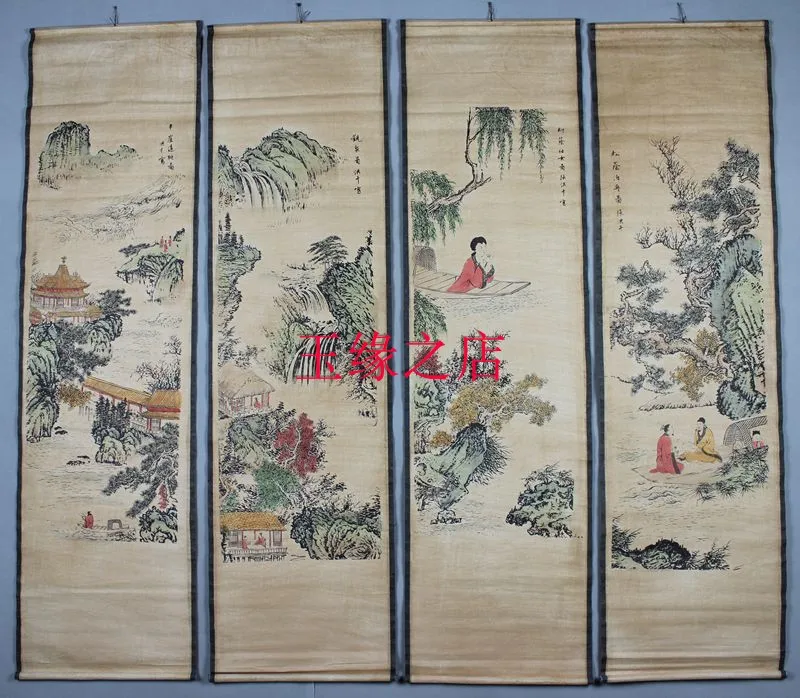 

Zhang Hong Qian Shanshui ancient paintings Chinese antique paintings living room decorative painting fresco four screens
