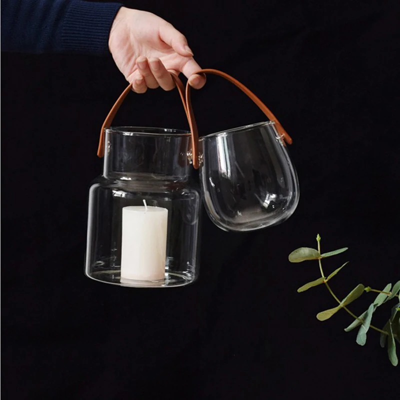 Уникальная Скандинавская стеклянная банка для хранения бутылок с кожаной ручкой минималистичный стол органайзер для хранения бутылок ваза для цветов контейнер Декор