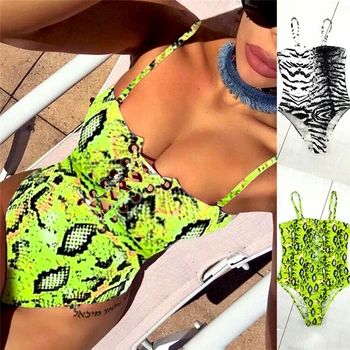 

2019 New Women Sexy One-Piece Swimwear Jumpsuit Summer Beach Style Swimwear Push-up Snakeskin Playsuit