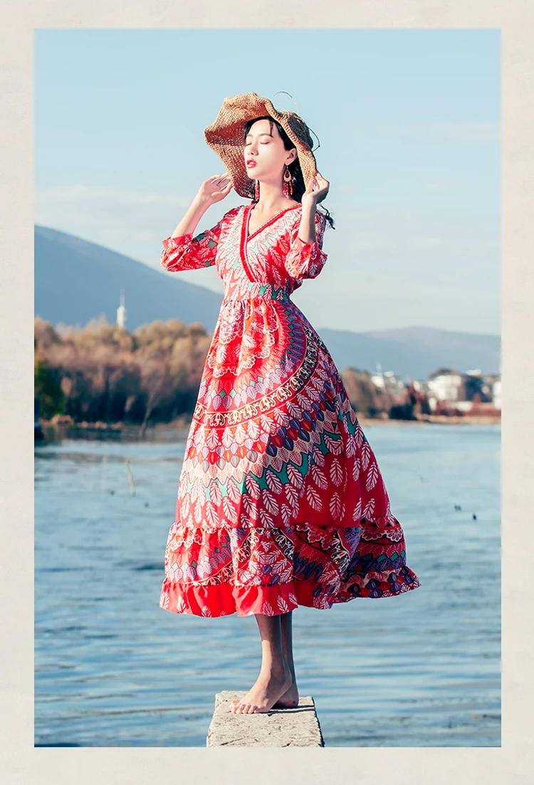 Boho Цветочный принт длинное платье из шифона богемное с v-образным вырезом Макси платье летний женский сарафан