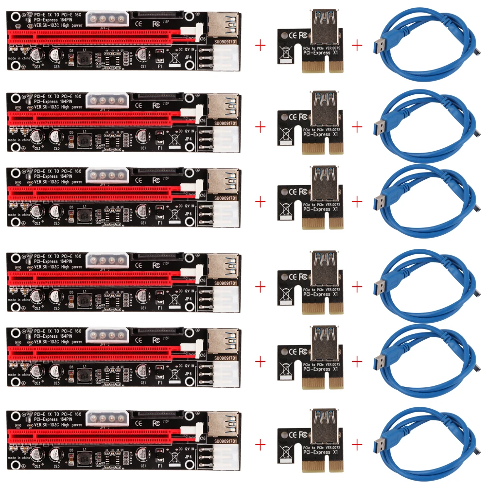 Плата расширения Ubit VER103C 3 в 1 PCI E Райзер со светодиодной подсветкой 4 контакта 6