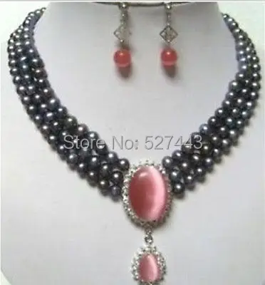 

Wholesale free shipping >>>>>Oval Red Opal Pendant Black Freshwater Pearl 3 Rows Necklace Earring Set