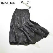 Для женщин корейский плиссированные черная юбка для девочек школьная Винтаж летние резинка на талии жемчугом шелковистые длинные блестящие юбка офисная элегантной роскоши