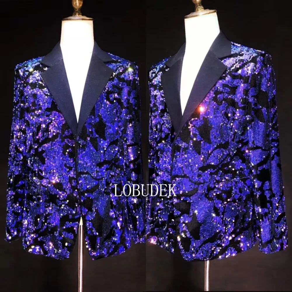 Блестящие синие фиолетовые пайетки куртка мужской костюм куртки модные тонкие блейзеры пальто певица одежда для ночного клуба хост шоу костюм