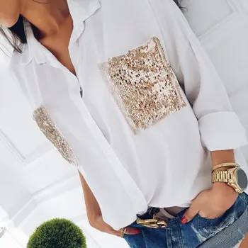 

Summer Fashion Casual Newly Women Ladies Shirts Long Sleeve Turn-Down Collar Solid Sequined Pockets Slim Shirts 2 Style