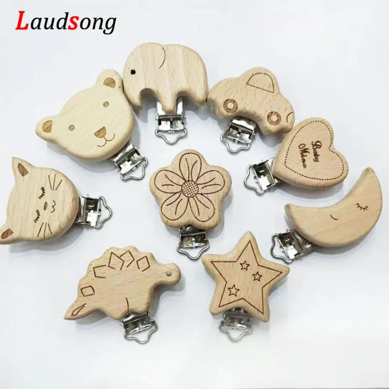 

2019 Lovely Engraving Wooden Natural Beech Wood Baby Pacifier Clips Dummy Clips DIY Pacifier Chain Accessory