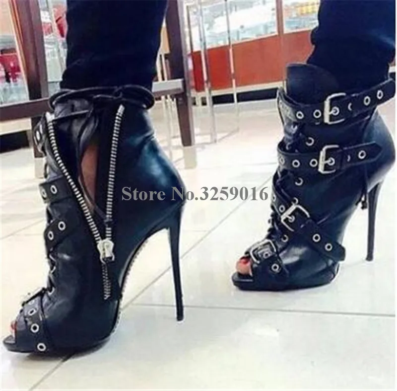 

Brand Design Women Sexy Peep Toe Black Leather Zipper Design Thin Heel Short Boots Metal Buckle High Heel Ankle Booties