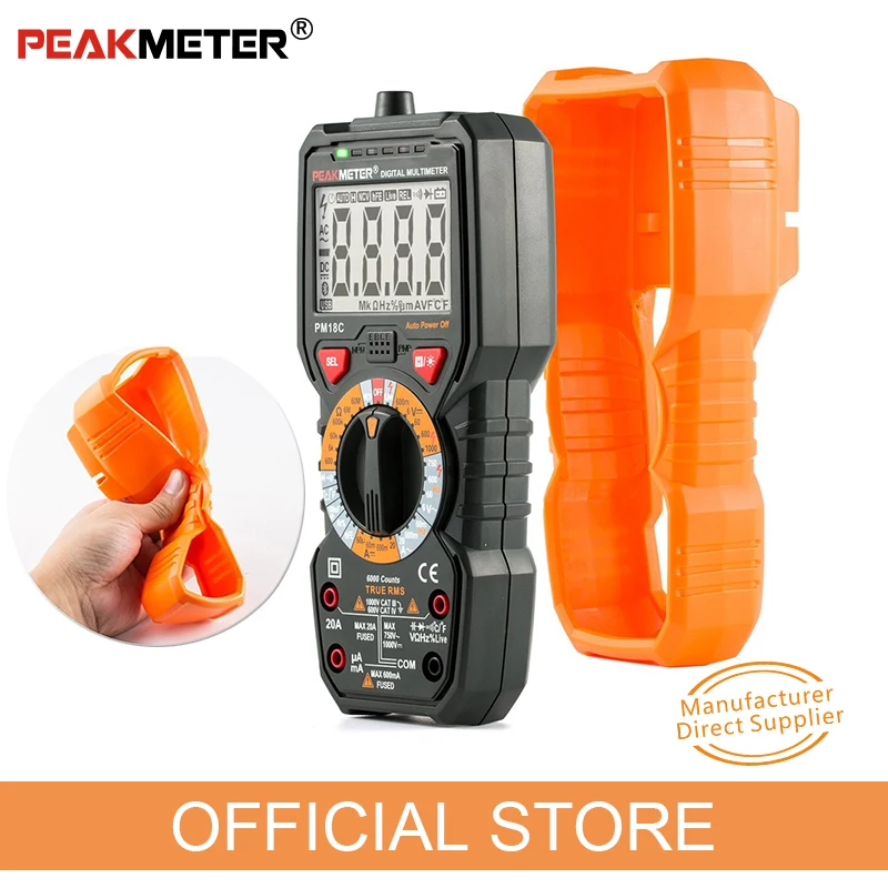 Koop Officiële PEAKMETER Digitale Multimeter PM18C met True RMS AC DC Spanning Weerstand Capaciteit Frequentie Temperatuur NCV Tester