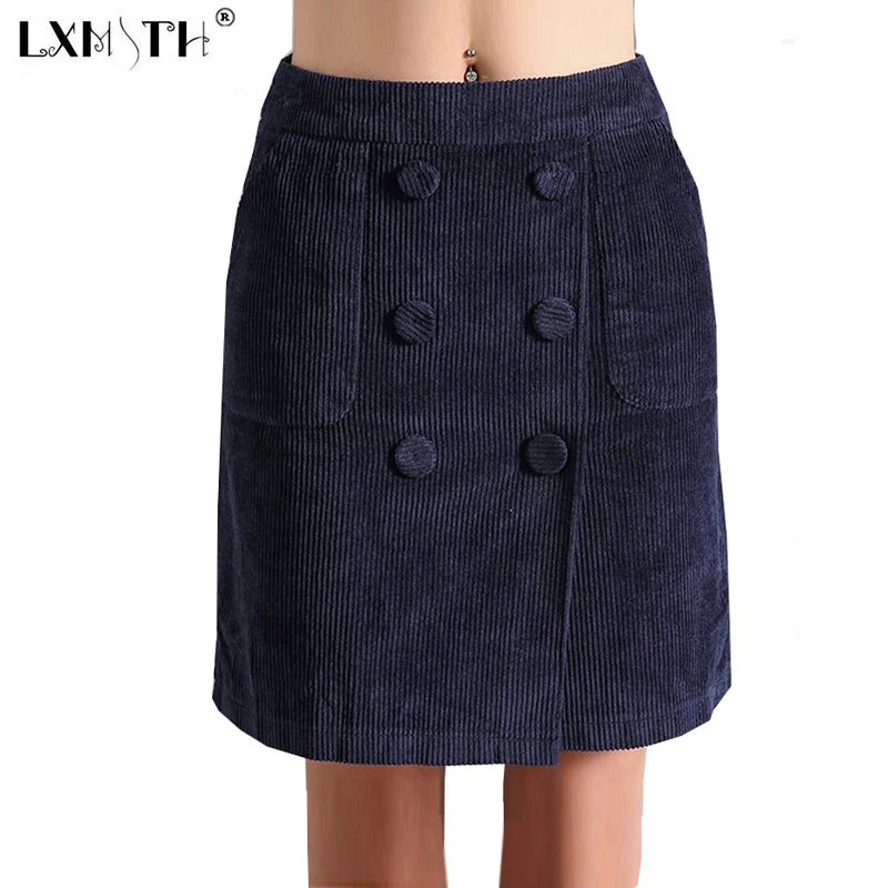 8XL Corduroy Skirt Double Breasted Plus Size Skirts For Women Straight Elastic Waist Skirt Solid