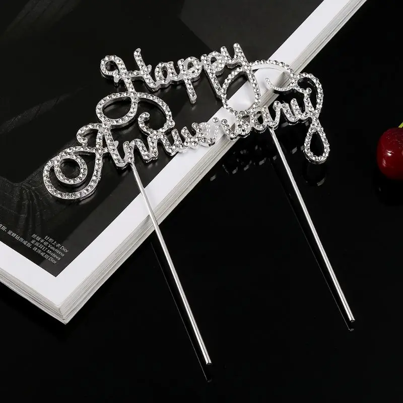 Happy anniversary торт Топпер вставить десерт выбрать Кристалл Rhinestone Свадебная вечеринка украшения серебро#404