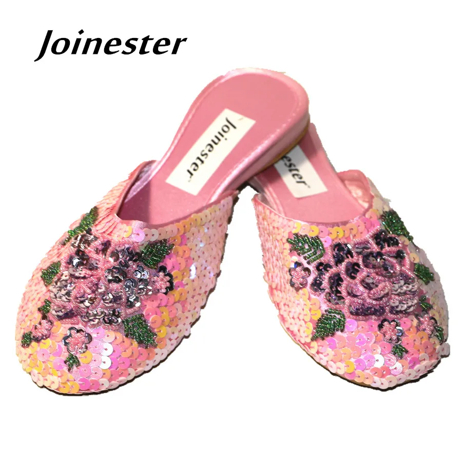 Vintage round toe house slippers sequins Embroidered Chinese folk style