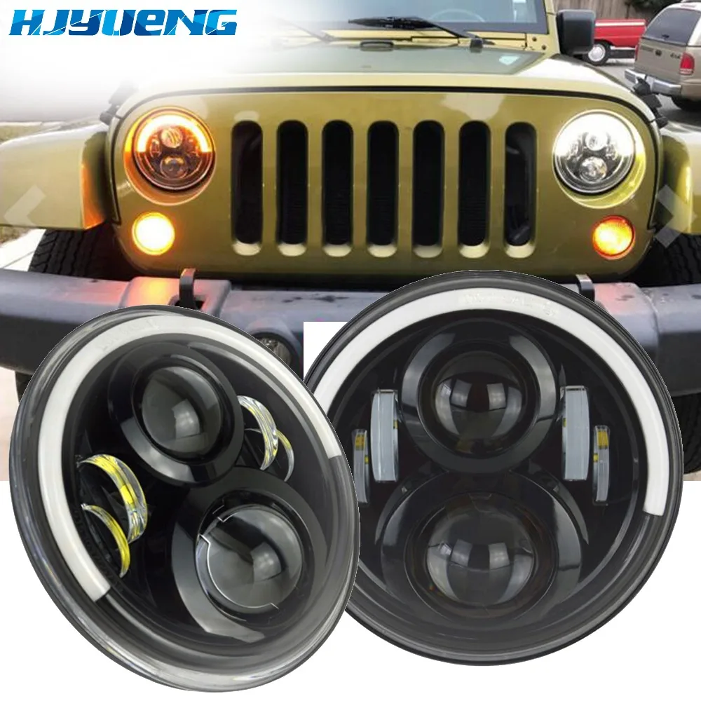 

HJYUENG For Land Rover Chrome 7" LED Headlamp White Halo 7Inch LED H4 Projector Headlights with Amber Turn Signal Lamps