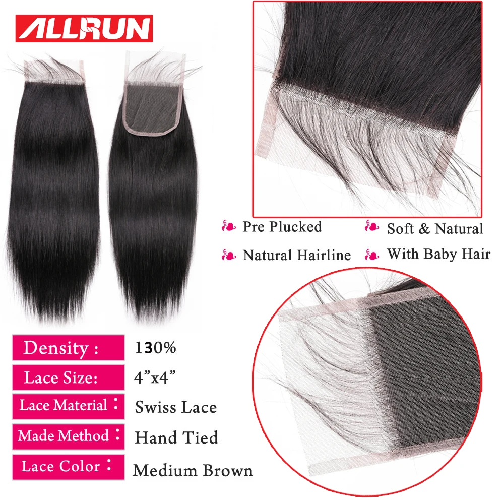 Allrun Straight Hair Bundles with Closure Brazilian Hair Weave Bundles Human Hair Bundles with Closure Non Remy Hair Extensions