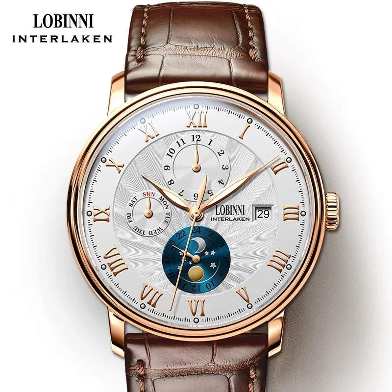 Marca de Luxo Fase da Lua Nova Lobinni Suíça Relógios Masculinos Gaivota Relógio Mecânico Automático Safira L1023b-5