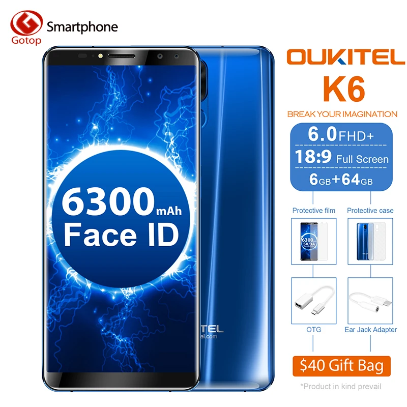 Oukitel K6 18:9 6 0 ''дисплей Лицо ID ГБ ОЗУ 64 Гб ПЗУ MT6763 Восьмиядерный 6300 мАч батарея 4G