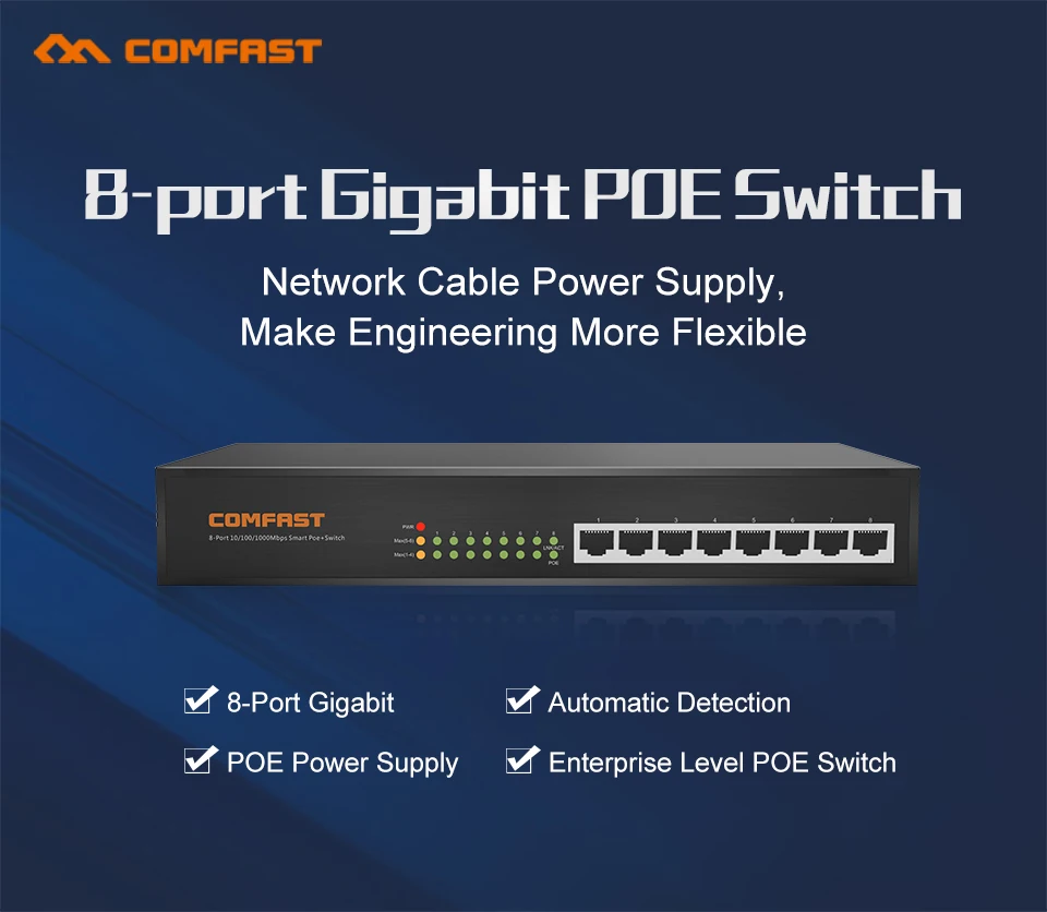 

8 ports Gigabit POE switch COMFAST CF-SG181P network switch with 16Gbps Broad width 8*10/100/1000Mbps POE power supply RJ45 port
