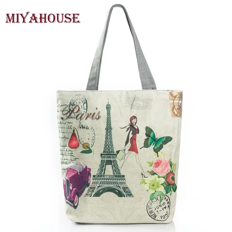 Miyahouse Fl Printed Canvas Tote Female Single Ping Bags Miyahouse Women Canvas Beach Bag Paris Tower Printed Female Shoulder Bags For S Single Ping