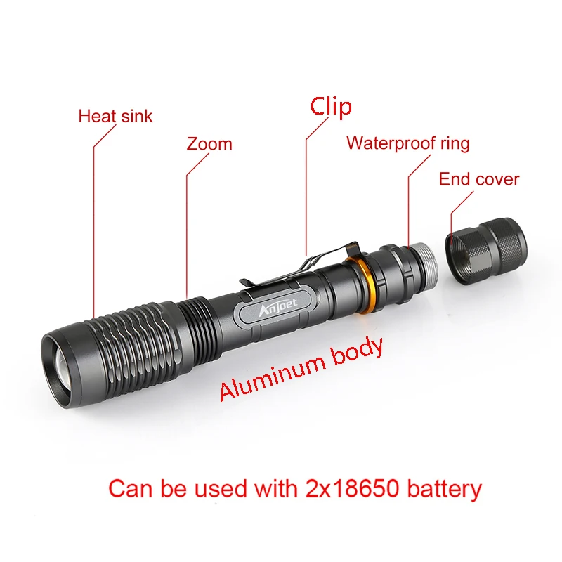 Anjoet супер яркий CREE XM-L2 светодиодный алюминий светодиодная вспышка светильник s 5 Режим Фонарь 8000 люменов, масштабируемый светильник для 2x18650 батареи зарядное устройство