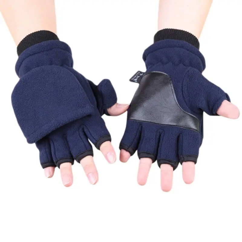 Женские и мужские Зимние флисовые перчатки на половину пальца с откидной крышкой, двухслойные Утепленные перчатки с сенсорным экраном без пальцев, варежки-трансформер D12_C - Цвет: NO.G Women