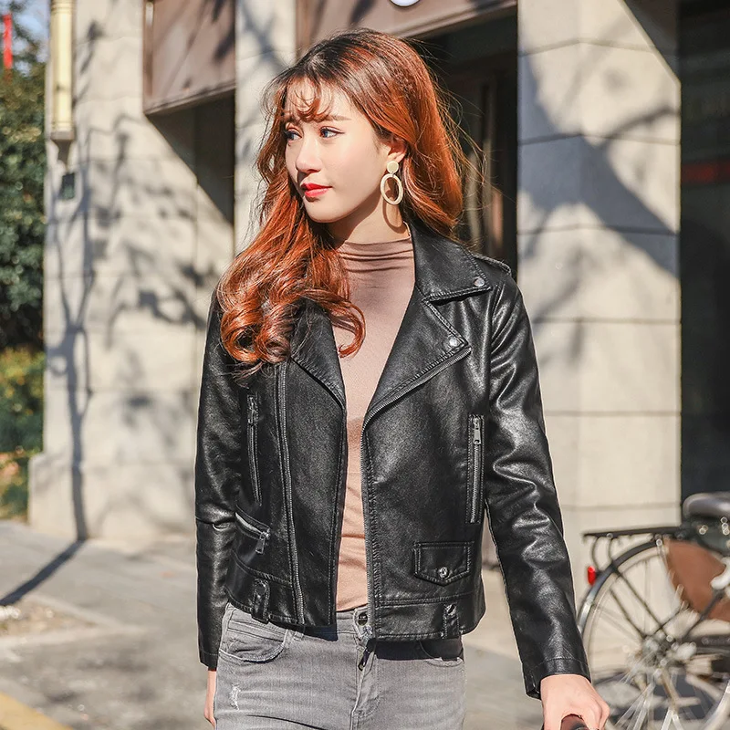 Autumn new  SLP women's motorcycle leather women's short paragraph star with the same paragraph PU leather XL ladies jacket