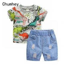 Комплекты одежды для маленьких мальчиков 1-4 лет, летняя футболка с короткими рукавами и рисунком динозавра+ джинсовые шорты, детская одежда, детские комплекты из 2 предметов, костюм для мальчиков