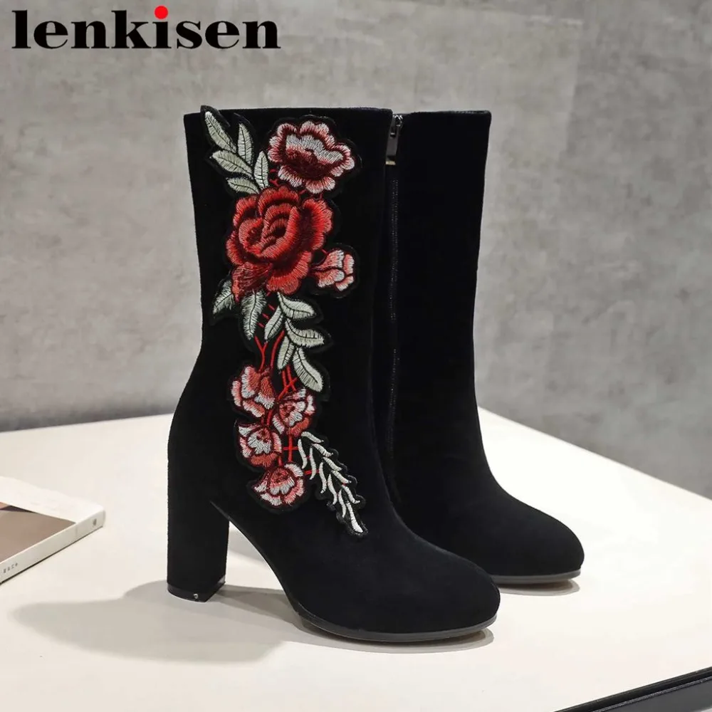 

2018 oriental desgin flowers appliques plus size ethnic style zipper flock high thick heels zipper round toe mid-calf boots L22