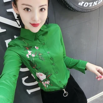 

Spring Summer Floral Embroidered green Blouse Shirts Female Casual Long Sleeve Blouse Shirt Office Lady Women Tops and Blouse