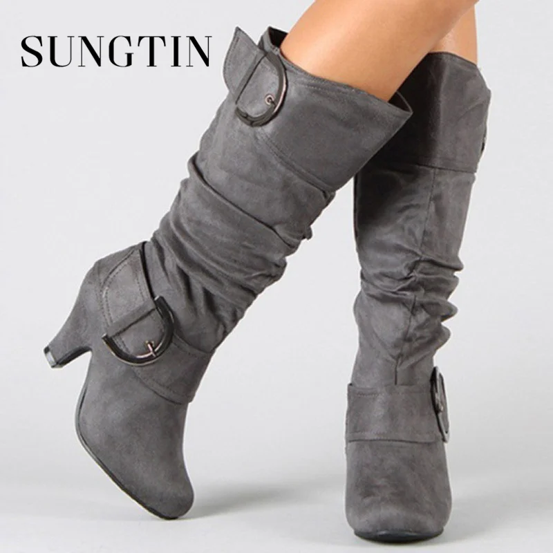 Sungtin/Модные Женские базовые ботинки на среднем каблуке с пряжкой и ремешком; сезон осень-зима; флоковые ботинки до середины икры на молнии с круглым носком; повседневная женская обувь