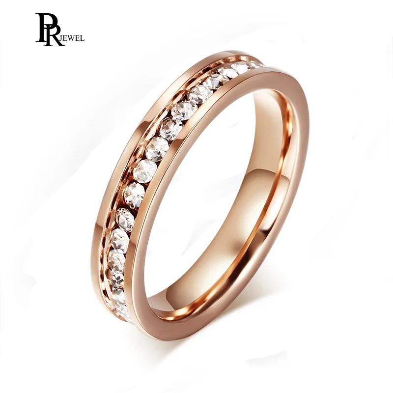 

4mm Thin Rose Gold Polish Stainless Steel Rhinestones Ring For Women Engagement Band Comfort Fit