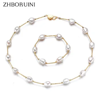 

ZHBORUINI 2019 Pearl Jewelry Baroque Natural Freshwater Pearl Necklace Earrings Ring 925 Sterling Silver Jewelry Set For Women