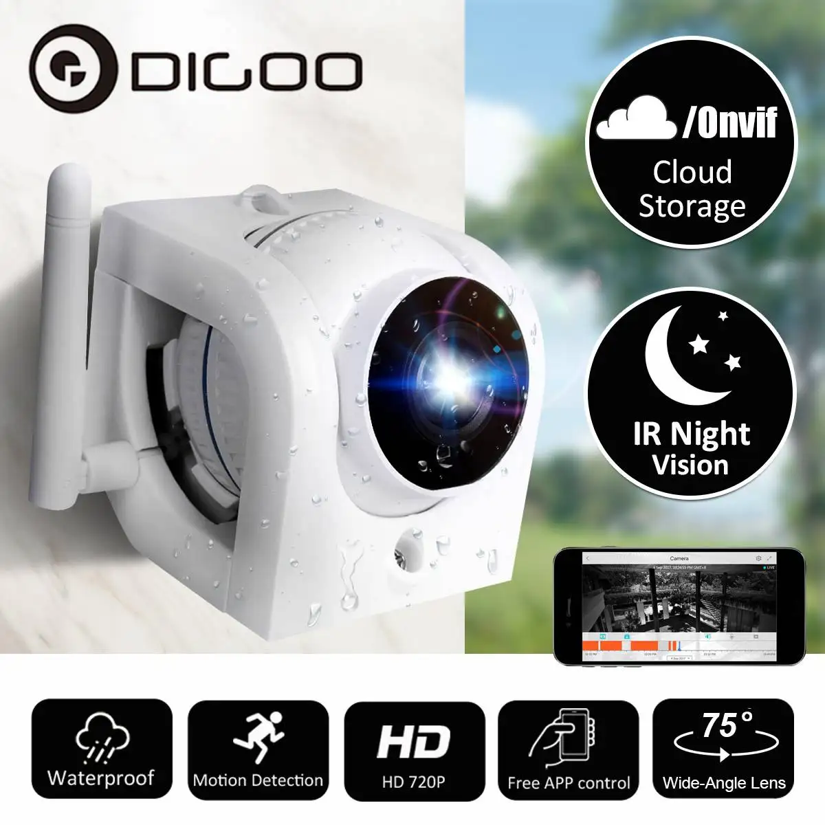 

Digoo DG-W02f 720P Outdoor WIFI Security IP Camera Monitor Cloud Storage Waterproof Onvif APP Alarm Motion Detection