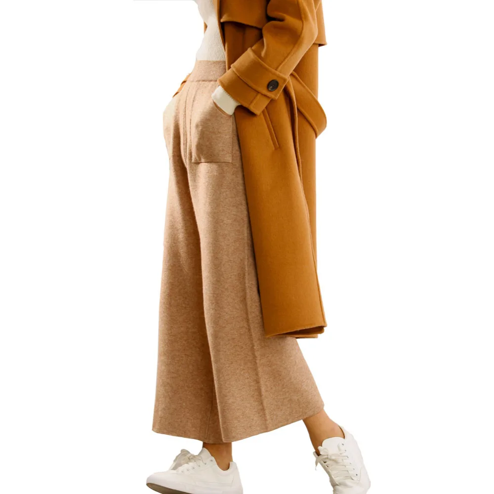 

Wide leg Pants Women Cashmere 2018 Autumn Winter New Fashion Causal Loose Plain Knitted with Pockets Trousers Ankle-Length Pant
