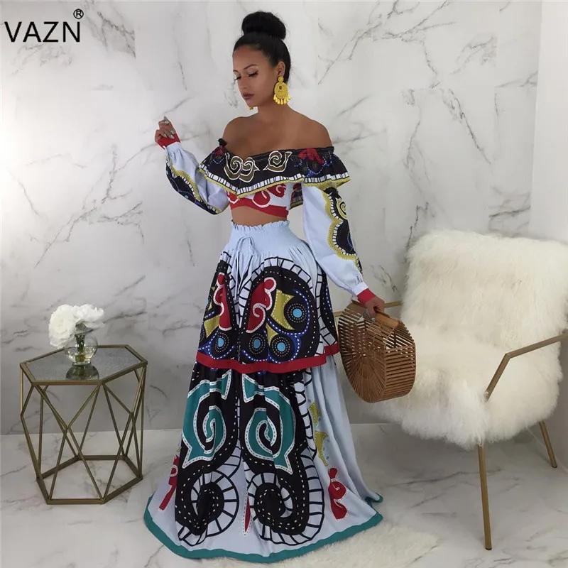 

VAZN 2019 New Arrive Sexy Slash-Neck Full SLeeve Long Dress Women Print 2-Pieces Empire Dress Lady Hollow Out Long Dress LSD8272