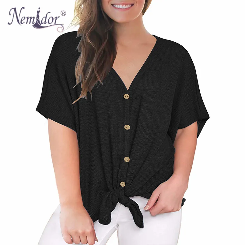 Nemidor Women's Casual Short Sleeve V Neck Button Down T Shirts Tie Front Knot Summer Loose Tops Blouses (12)