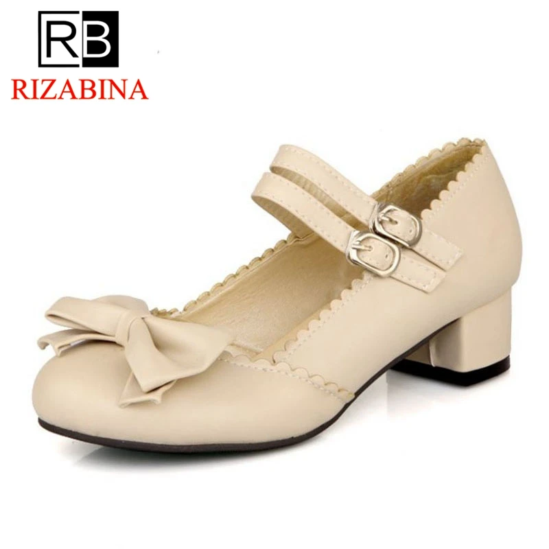 

RizaBina Plus Size 30-50 Women Pumps Sweet Solid Color Bowknot Buckle Square Heel Shoes Leisure Club Lolita Brand Women Footwear